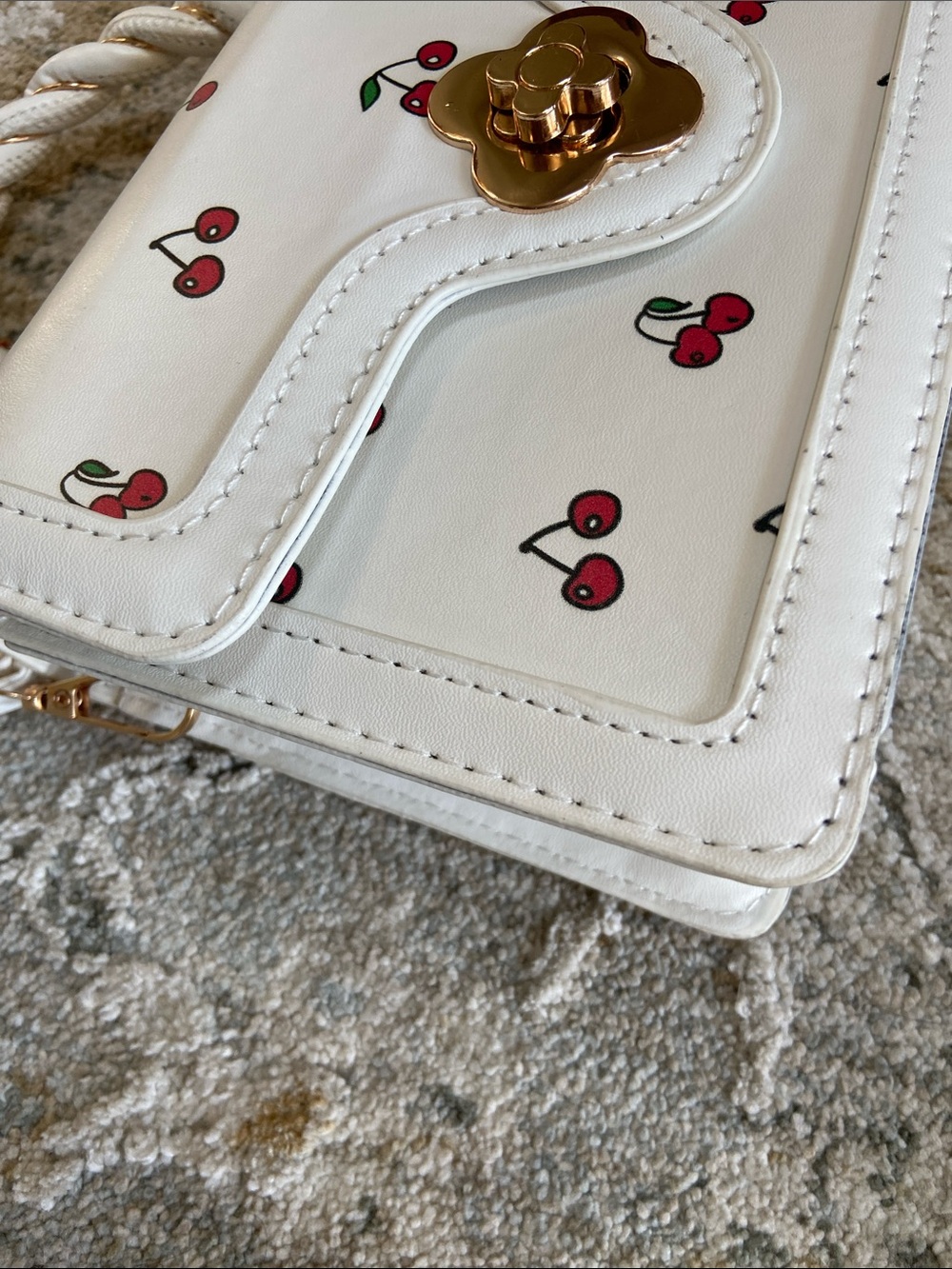 White Cherry Print Mini Crossbody Bag with Top Handle and Turn Lock Hardware - Picture 5 of 12